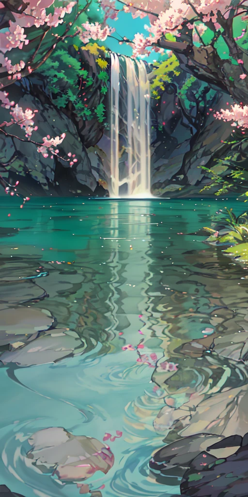 Chinese ancient times, spring, jungle, lake, cave, waterfall, tree, meadow, rock, deer, hot spring, water vapor, (illustration: 1.0), epic composition, realistic lighting, HD details, masterpiece, best quality, (very detailed CG unified 8k wallpaper)