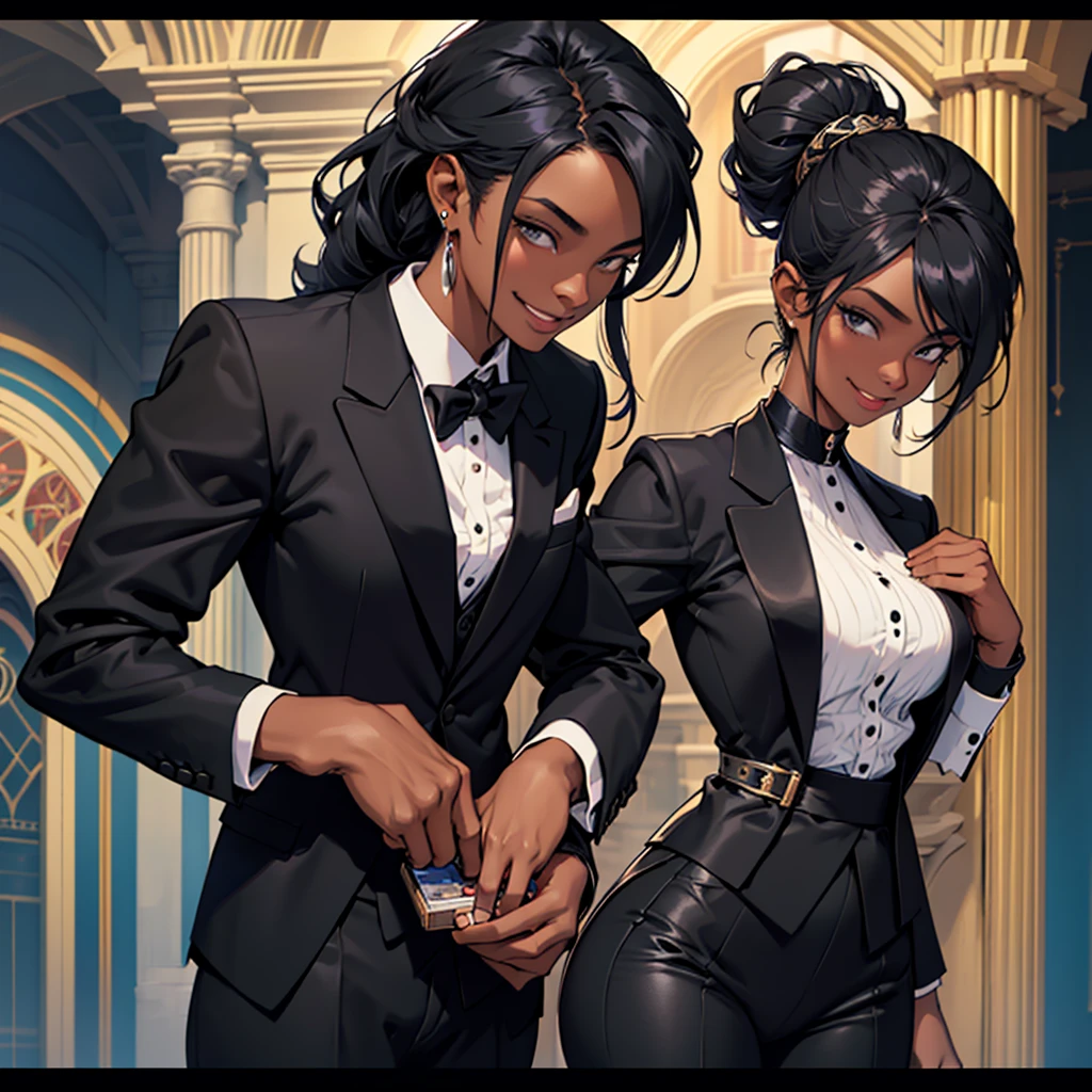 A woman, 22 years old, black skin, dark skin, mischievous smile, big breasts, mischievous smile, curious look, medieval period, wearing a suit, black suit, tuxedo, wearing a black tuxedo, medieval background, Ultra HD 4k , 4k, Ultra HD