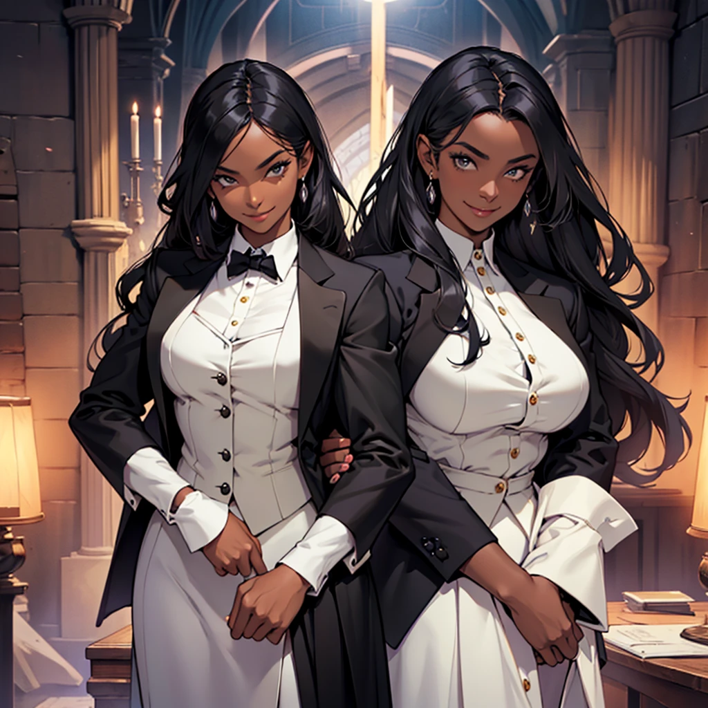 A woman, 22 years old, black skin, dark skin, mischievous smile, big breasts, mischievous smile, curious look, medieval period, wearing a suit, black suit, tuxedo, wearing a black tuxedo, medieval background, Ultra HD 4k , 4k, Ultra HD