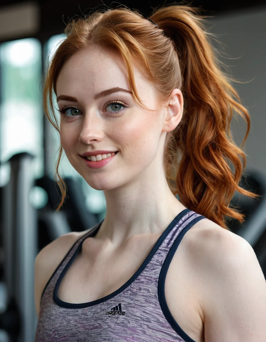 photography full body portrait of very beautiful realistic girl, doing gym fitness, porcelain skin, very fair skin, very pale skin, redhead, wavy, ponytail, very detail skin texture, hazel eyes, slanted eyes, small nose, small nostril, think curved eyebrow, thick bottom lip, seductive gaze, happy face, unique face, wear casual dress, detail photo, realistic photo, master piece picture, sharp picture, indoor, clear daylight