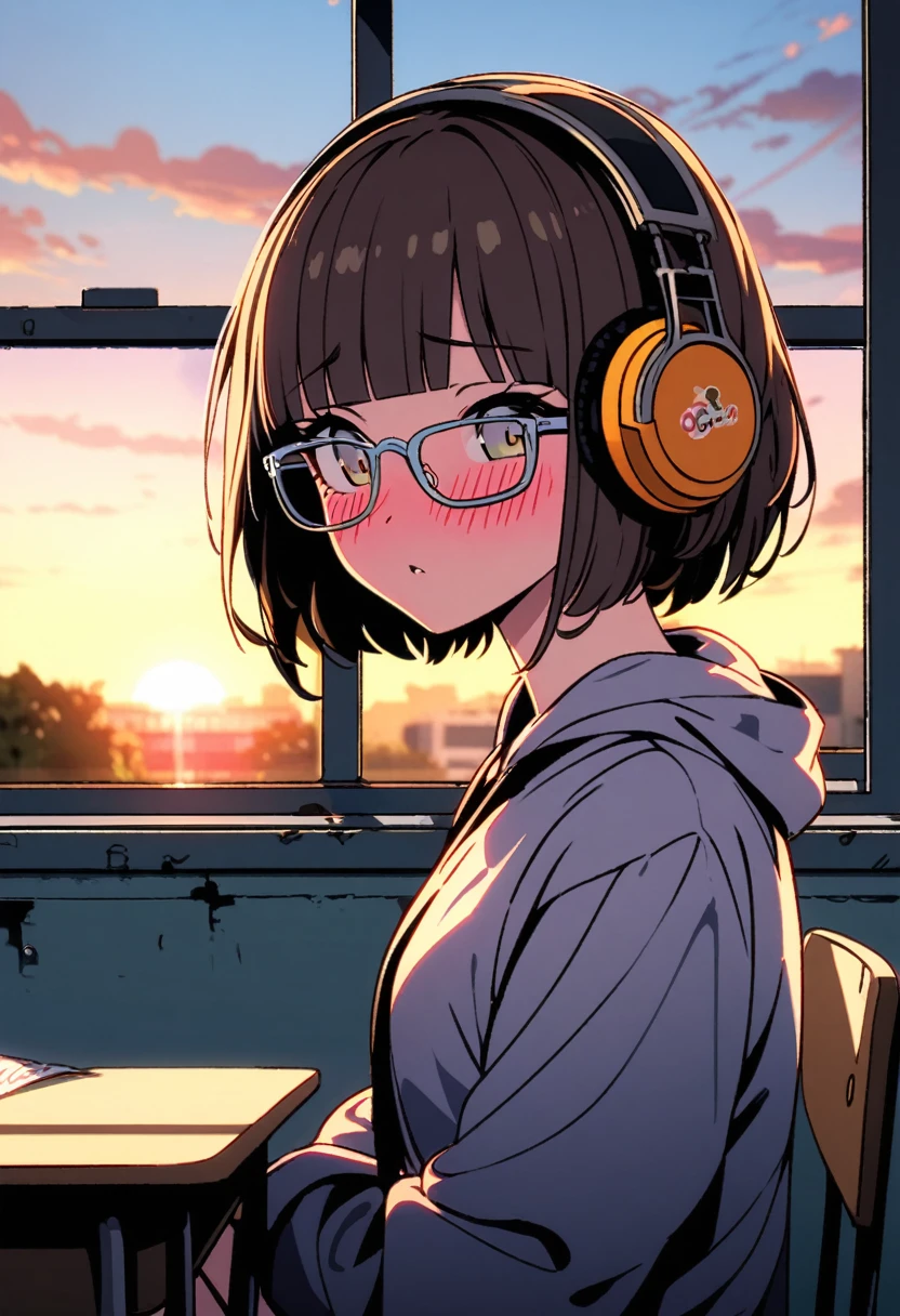 junk art, gangster girl, short hair, bangs, headphones, yellow under-rim glasses, blushing, classroom, sunset