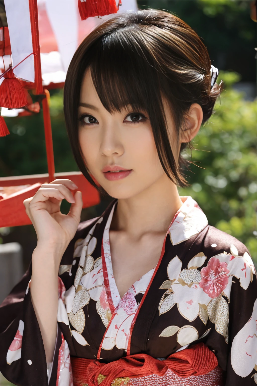 1 woman, hair up, short bob, 28 years old, Japanese, brown eyes, brown hair, slim figure, flat chest,
Blake
See-through yukata, summer festival, night,