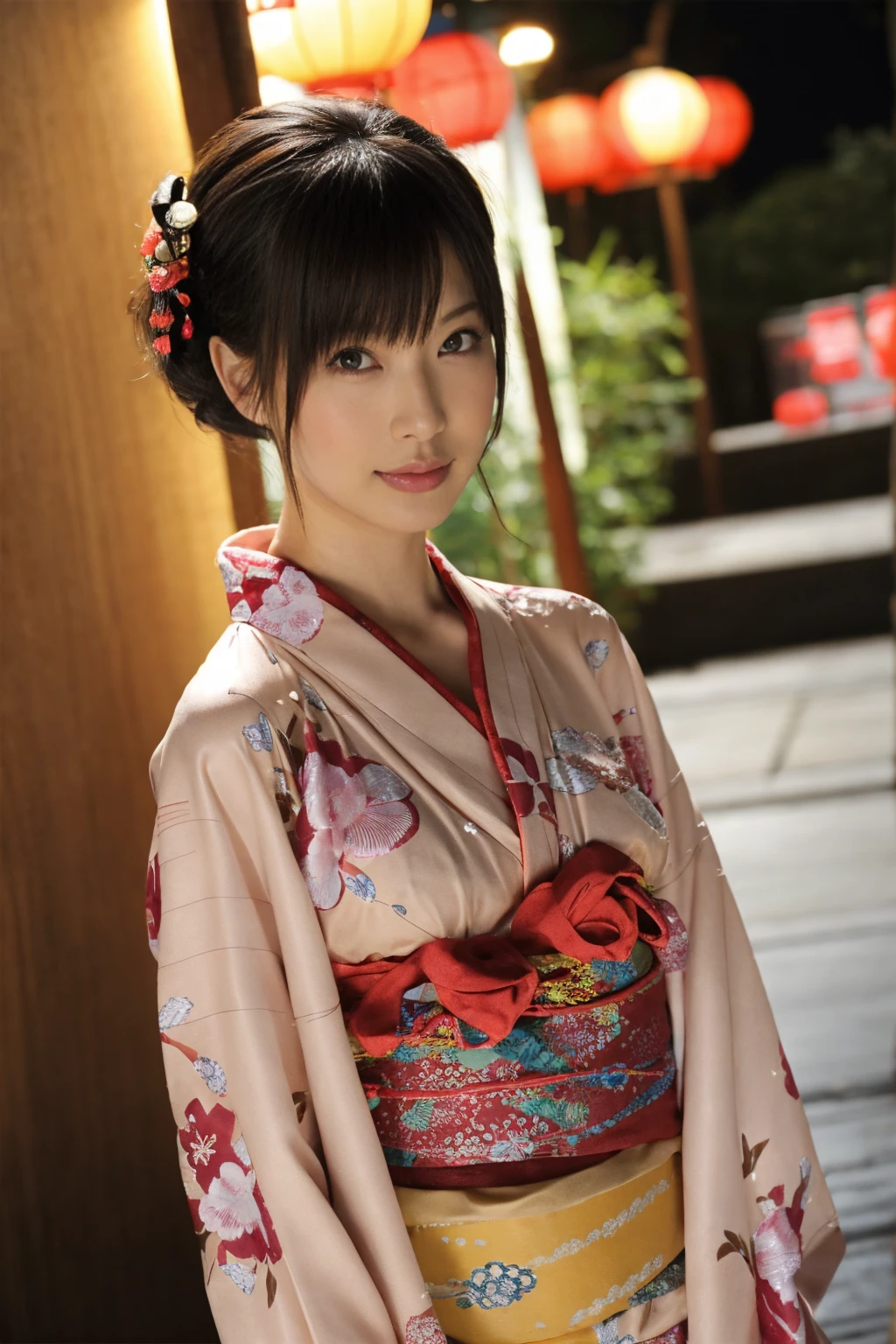 1 woman, hair up, short bob, 28 years old, Japanese, brown eyes, brown hair, slim figure, flat chest,
Blake
See-through yukata, summer festival, night,