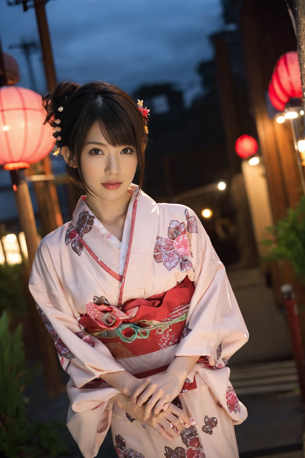 1 woman, hair up, short bob, 28 years old, Japanese, brown eyes, brown hair, slim figure, flat chest,
Blake
See-through yukata, summer festival, night, 
