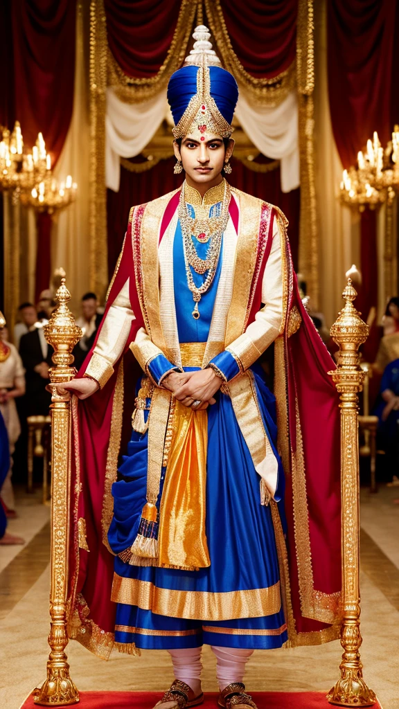 "Create an image of Lord Krishna in his royal attire, surrounded by a large group of women representing his 16,108 wives, all dressed in traditional and colorful Indian attire."