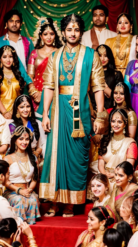 "Create an image of Lord Krishna in his royal attire, surrounded by a large group of women representing his 16,108 wives, all dressed in traditional and colorful Indian attire."