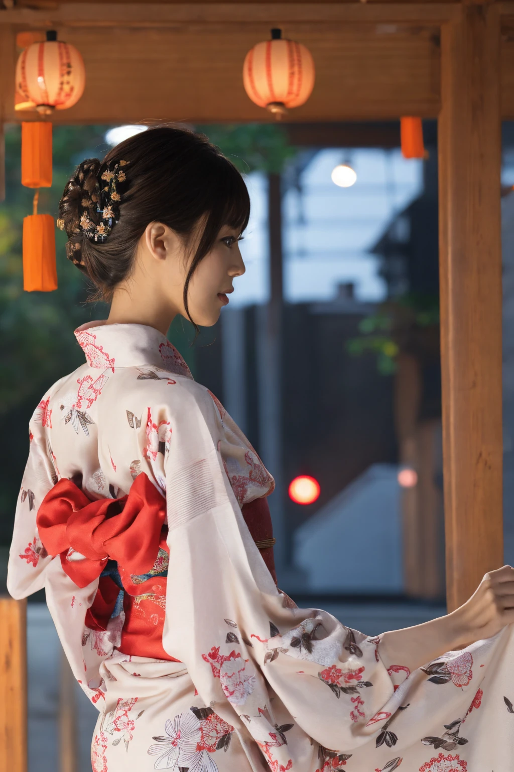 1 woman, hair up, short bob, 28 years old, Japanese, brown eyes, brown hair, slim figure, flat chest,
Blake
See-through yukata, summer festival, night, girl's back view,