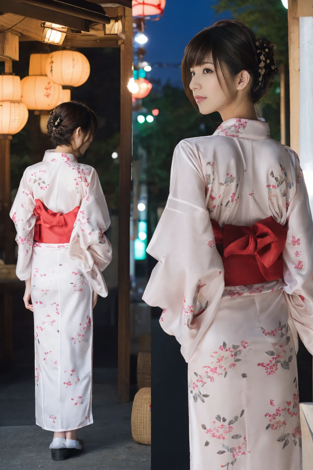 1 woman, hair up, short bob, 28 years old, Japanese, brown eyes, brown hair, slim figure, flat chest,
Blake
See-through yukata, summer festival, night, girl's back view,