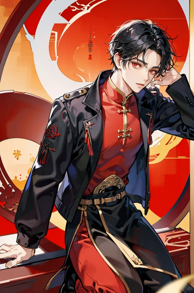Black-haired man , Chinese style red dress , Sect master , Bright theme , slide , red eyes