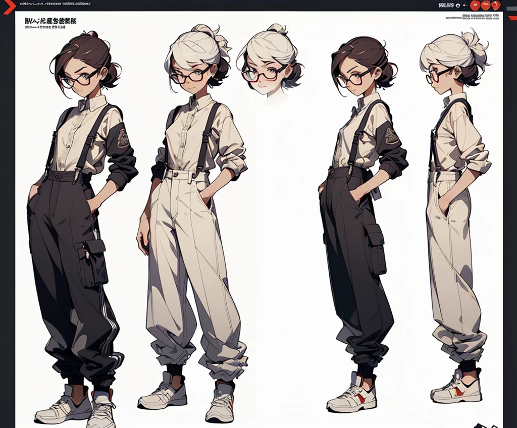 (mature woman), (age 21 years), ((Exquisite Face), (There are complete details...)), (Jitai pose), (Wear glasses), (slight smile), ((Sexy Eyes), (eyes looking straight.)), (Clear 8K images), ((Medium camera angle showing thighs), (standing pose)), (Anime style), (suspenders), (master-piece), ((There are body details..., (perfect hands), (perfect feet)), (line art), ((Character concept art)), ((Character design sheet, Same character.., front-view, Side View, Reverse view, three-quarter view)), 6 half full heads, (tomboy), (long pants), (hands in pocket), (cool pose)