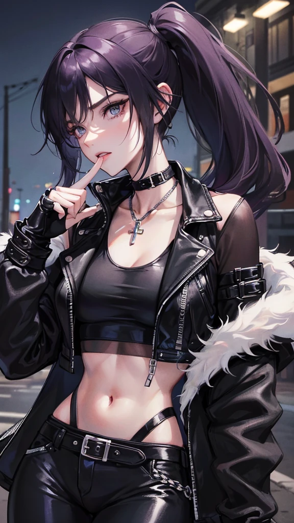 Photograph of the upper body of a beautiful woman, , normal breasts, perfect body), Sharp focus, (tall body, mature woman), ((Looking ahead)), (Highly detailed skin, hair follicles:1.4,) (long ponytail hairstyle ,Dark purple hair, blue eyes) , (black crop top:1.47),(black leather pants),(fur jacket),chain , There are tears. , Cross necklace , wearing a black leather jacket, cross chain, city scenery , punk , night light , high quality ,cold expression, one leather gloves , biker style , cool