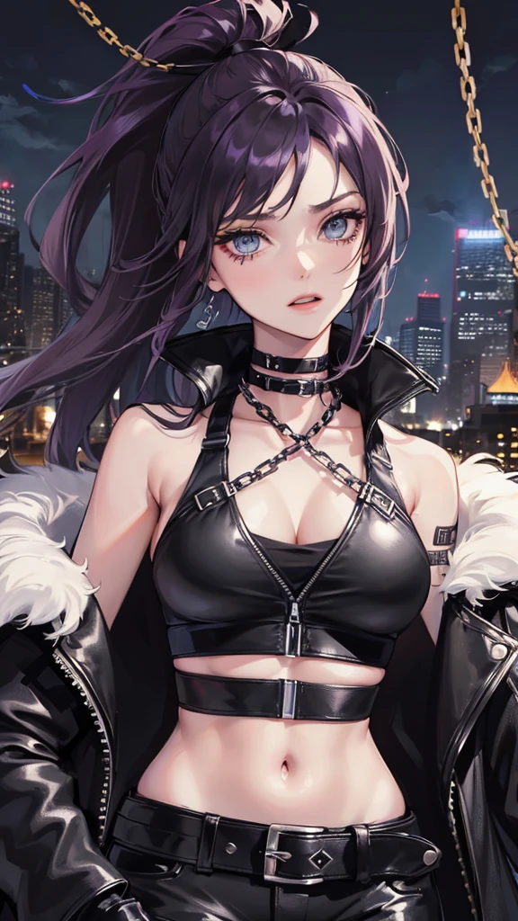 Photograph of the upper body of a beautiful woman, , normal breasts, perfect body), Sharp focus, (tall body, mature woman), ((Looking ahead)), (Highly detailed skin, hair follicles:1.4,) (long ponytail hairstyle ,Dark purple hair, blue eyes) , (black crop top:1.47),(black leather pants),(fur jacket),chain , There are tears. , Cross necklace , wearing a black leather jacket, cross chain, city scenery , punk , night light , high quality ,cold expression, one leather gloves , biker style , cool