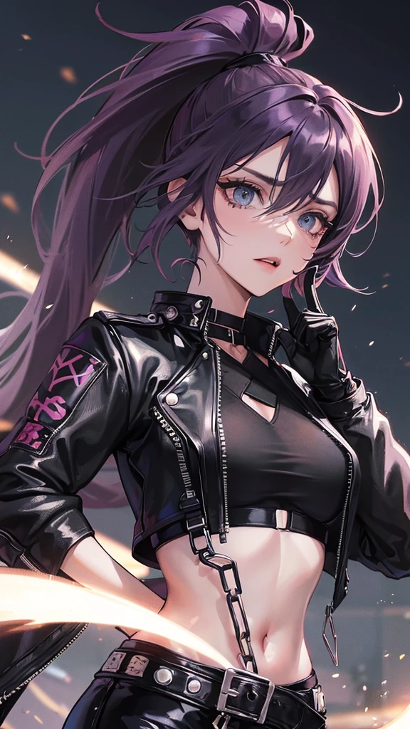 Photograph of the upper body of a beautiful woman,  , normal breasts, perfect body), Sharp focus, (tall body, mature woman), ((Looking ahead)), (Highly detailed skin, hair follicles:1.4,) (long ponytail hairstyle ,Dark purple hair, blue eyes) , (black crop top:1.47),(black leather pants),(fur jacket),chain , There are tears. , Cross necklace , wearing a black leather jacket,  cross chain, city scenery , punk , night light  , high quality ,cold expression, one leather gloves , biker style , cool