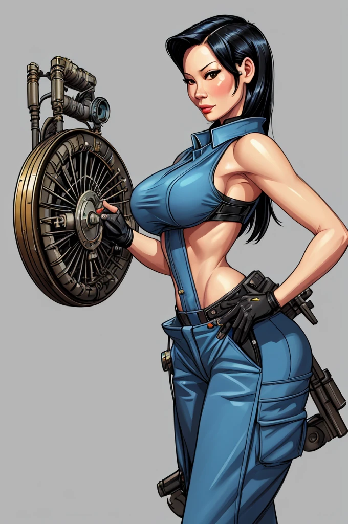 Lucy Liu, gorgeous mechanic, atompunk, blank background, retro-futurism