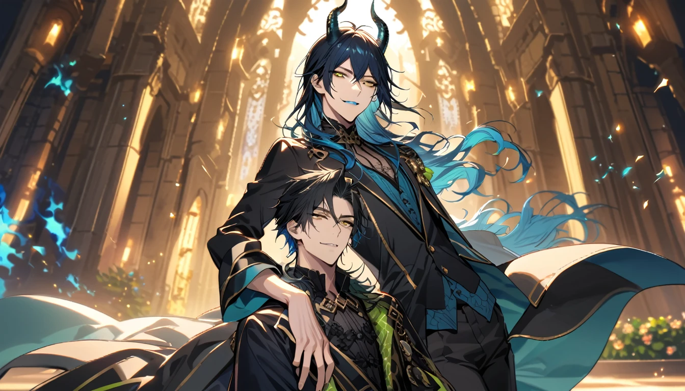 (pieces fly), (highest quality), very detailed, ((two men)), perfect face, beautiful face, very detailed face, (black haired man:1.3),(blue haired man:1.3),suit,shirt,smile,flower, (1st boy,Idia Shroud, bishounen, boy, male, extremely long hair, blue hair, blue fire hair, wavy hair, yellow eyes, tired expression, blue lips, handsome, skinny, geeky, blue glow, shark teeth,) (2nd boy, malleus draconia \(twisted wonderland\) horns, bishounen, boy, male, long hair, black hair, yellow green eyes, smile, gray lips, handsome, skinny, tall, yellow green glow,) Two men are hugging each,
