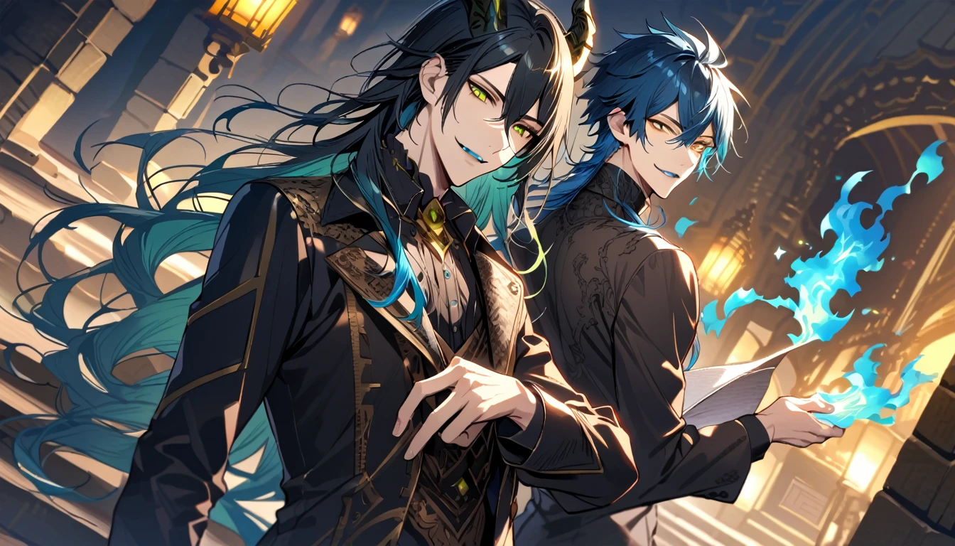 (pieces fly), (highest quality), very detailed, ((two men)), perfect face, beautiful face, very detailed face, (black haired man:1.3),(blue haired man:1.3),suit,shirt,smile,flower, (1st boy,Idia Shroud, bishounen, boy, male, extremely long hair, blue hair, blue fire hair, wavy hair, yellow eyes, tired expression, blue lips, handsome, skinny, geeky, blue glow, shark teeth,) (2nd boy, malleus draconia \(twisted wonderland\) horns, bishounen, boy, male, long hair, black hair, yellow green eyes, smile, gray lips, handsome, skinny, tall, yellow green glow,) Two men are hugging each,