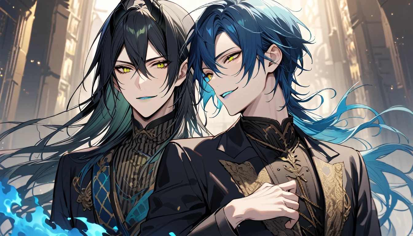 (pieces fly), (highest quality), very detailed, ((two men)), perfect face, beautiful face, very detailed face, (black haired man:1.3),(blue haired man:1.3),suit,shirt,smile,flower, (1st boy,Idia Shroud, bishounen, boy, male, extremely long hair, blue hair, blue fire hair, wavy hair, yellow eyes, tired expression, blue lips, handsome, skinny, geeky, blue glow, shark teeth,) (2nd boy, malleus draconia \(twisted wonderland\) horns, bishounen, boy, male, long hair, black hair, yellow green eyes, smile, gray lips, handsome, skinny, tall, yellow green glow,) Two men are hugging each,