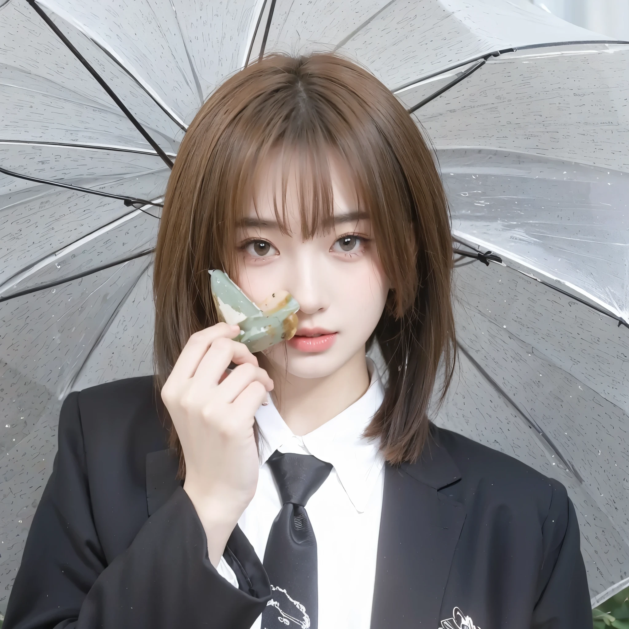 Milk tea gold short hair，Background umbrella