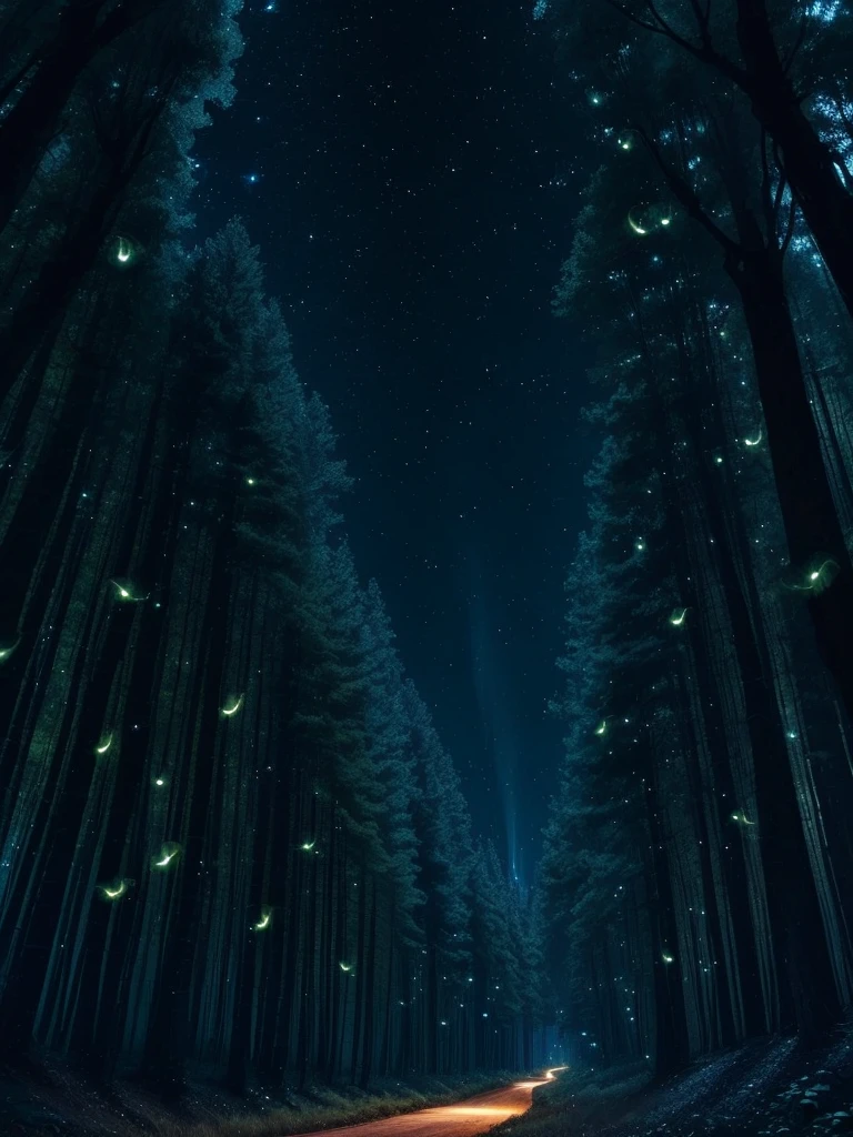 fireflies flying in the night sky above a forest path, fireflies and sparkling wisps, magical forest with fireflies, glowing fireflies, fireflies!!!!, firefly forest at night, fireflies!!, cozy night fireflies, fireflies around, fireflies glowing, fireflies flying in the forest, fireflies flying around, fireflies