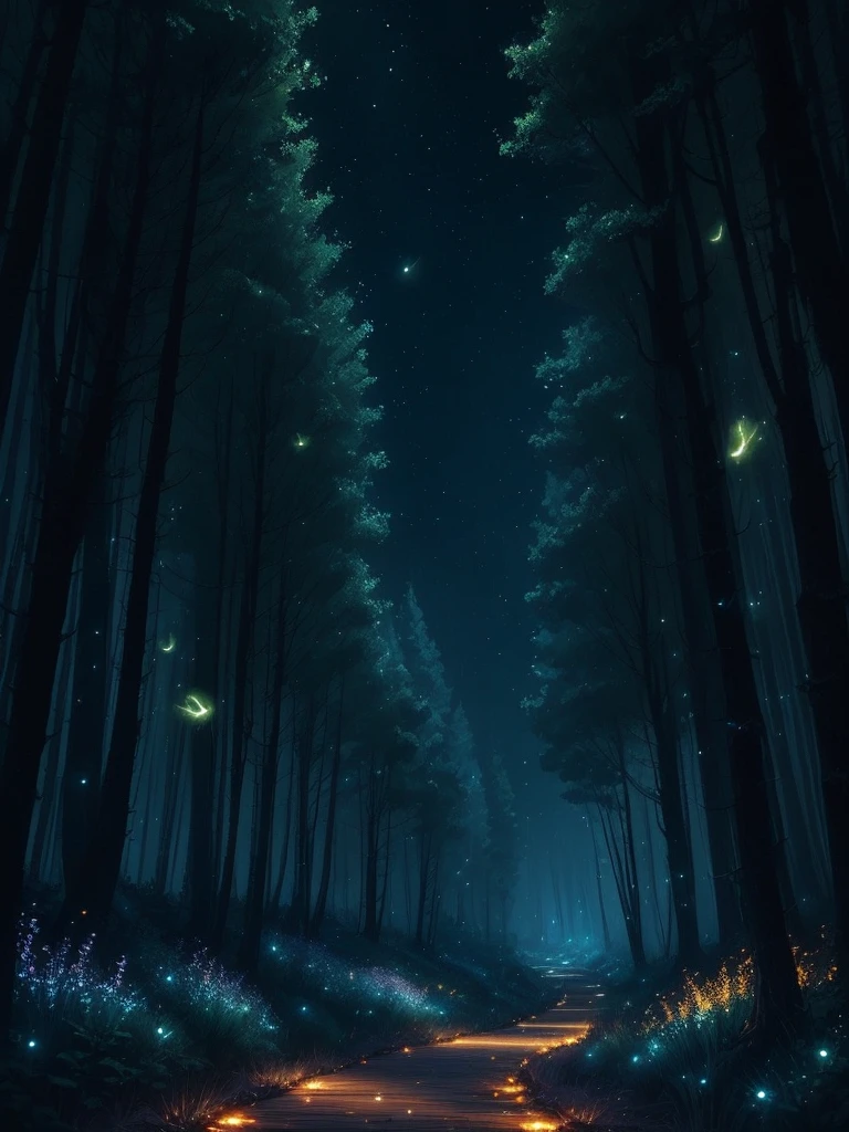 fireflies flying in the night sky above a forest path, concept art by Yang J, tumblr, conceptual art, fireflies and sparkling wisps, magical forest with fireflies, glowing fireflies, fireflies!!!!, firefly forest at night, fireflies!!, cozy night fireflies, fireflies around, fireflies glowing, fireflies flying in the forest
