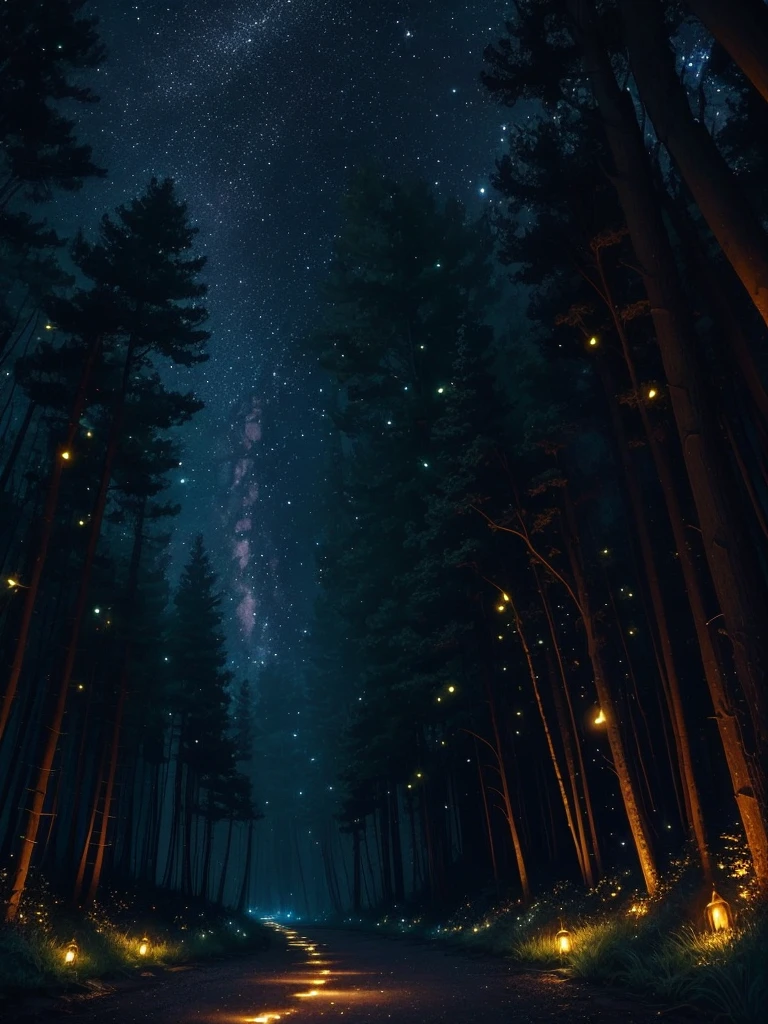 fireflies flying in the night sky above a forest path, fireflies and sparkling wisps, magical forest with fireflies, glowing fireflies, fireflies!!!!, firefly forest at night, fireflies!!, cozy night fireflies, fireflies around, fireflies glowing, fireflies flying in the forest, fireflies flying around, fireflies