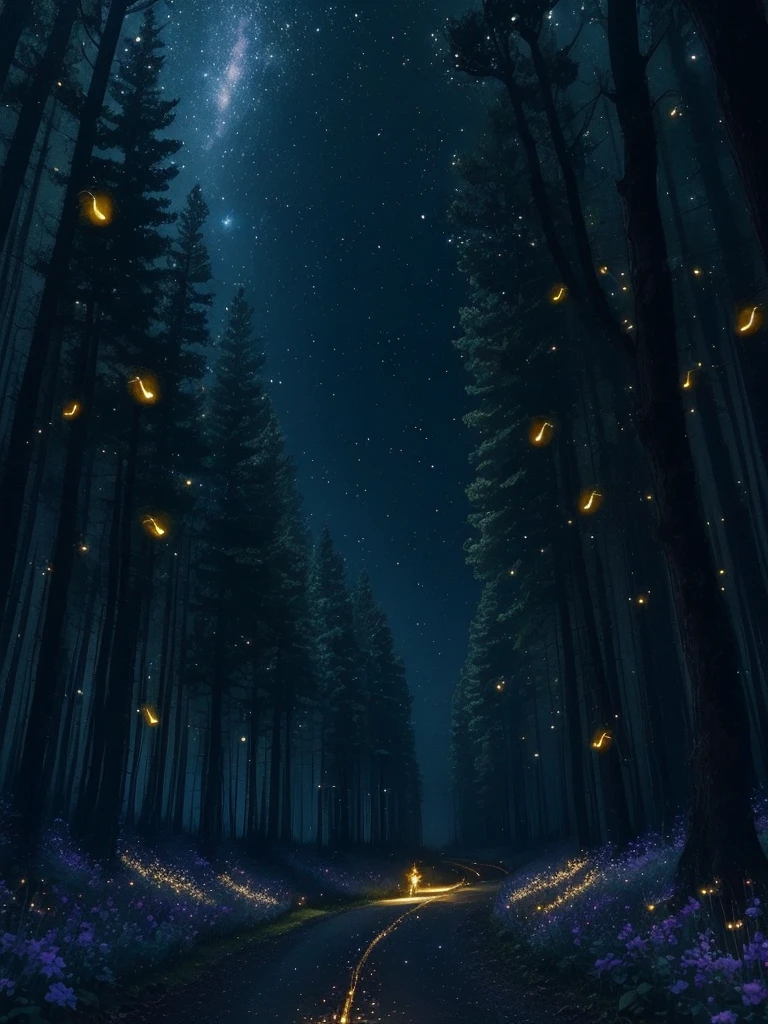 fireflies flying in the night sky above a forest path, fireflies and sparkling wisps, magical forest with fireflies, glowing fireflies, fireflies!!!!, firefly forest at night, fireflies!!, cozy night fireflies, fireflies around, fireflies glowing, fireflies flying in the forest, fireflies flying around, fireflies