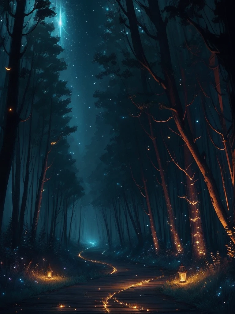 fireflies flying in the night sky above a forest path, concept art by Yang J, tumblr, conceptual art, fireflies and sparkling wisps, magical forest with fireflies, glowing fireflies, fireflies!!!!, firefly forest at night, fireflies!!, cozy night fireflies, fireflies around, fireflies glowing, fireflies flying in the forest