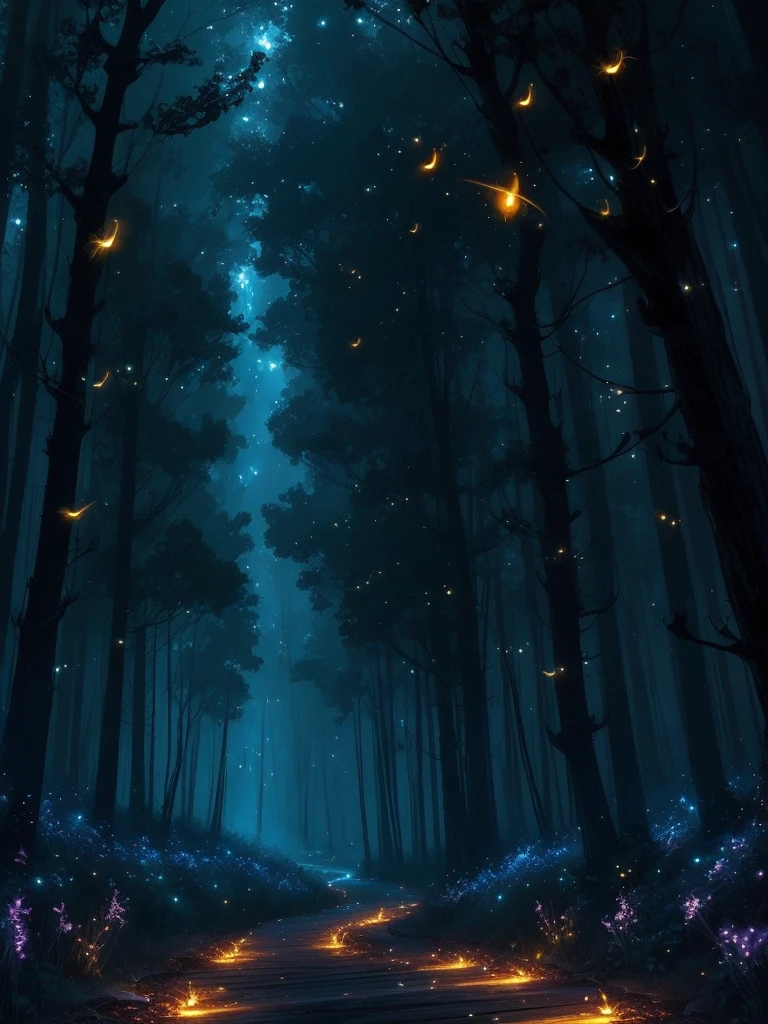 fireflies flying in the night sky above a forest path, concept art by Yang J, tumblr, conceptual art, fireflies and sparkling wisps, magical forest with fireflies, glowing fireflies, fireflies!!!!, firefly forest at night, fireflies!!, cozy night fireflies, fireflies around, fireflies glowing, fireflies flying in the forest