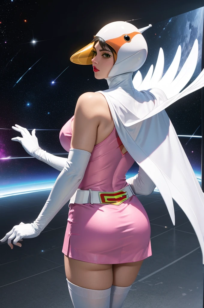 ((masterpiece)),((Highest quality)),((High resolution)),((Highly detailed CG Unity 8k wallpaper)), Outdoor, Day, Upper Body, View your viewers, alone, Concentration, break, Year_Classic_Jun_Gatchaman_myself, Jun the swan, One girl, chest, lips, medium chest, large chest, Green Eyes, lipstick, compensate, eyelash, eye shadow, visor, Helmet, Cape, Elbow hand pockets, Knee socks, belt, White gloves, zettai ryouiki, mask, skirt, White legwear, Superhero, leotard, Spacesuit, Pink Dress, white Cape,  pink leotard, pink skirt, Short dress, from back,
