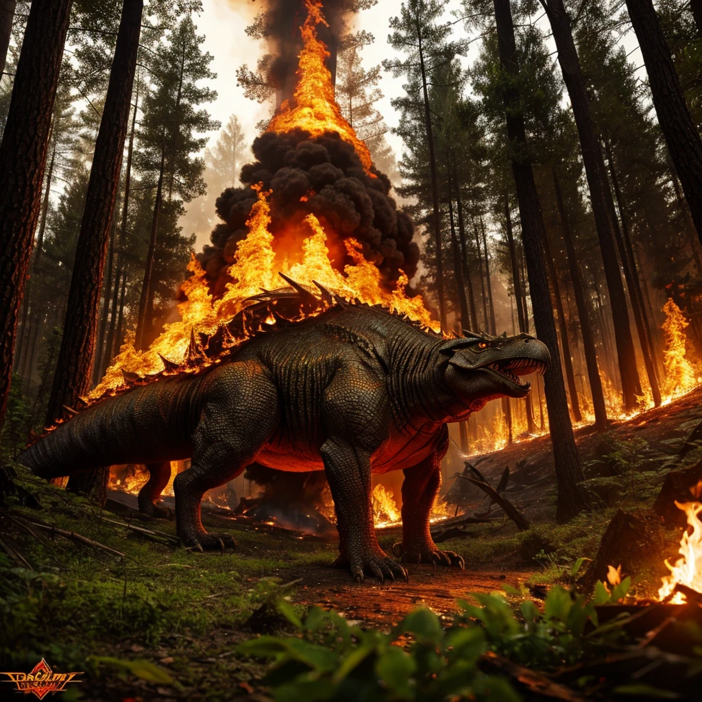 A Tyranasaru, realistic details, background forest on fire 