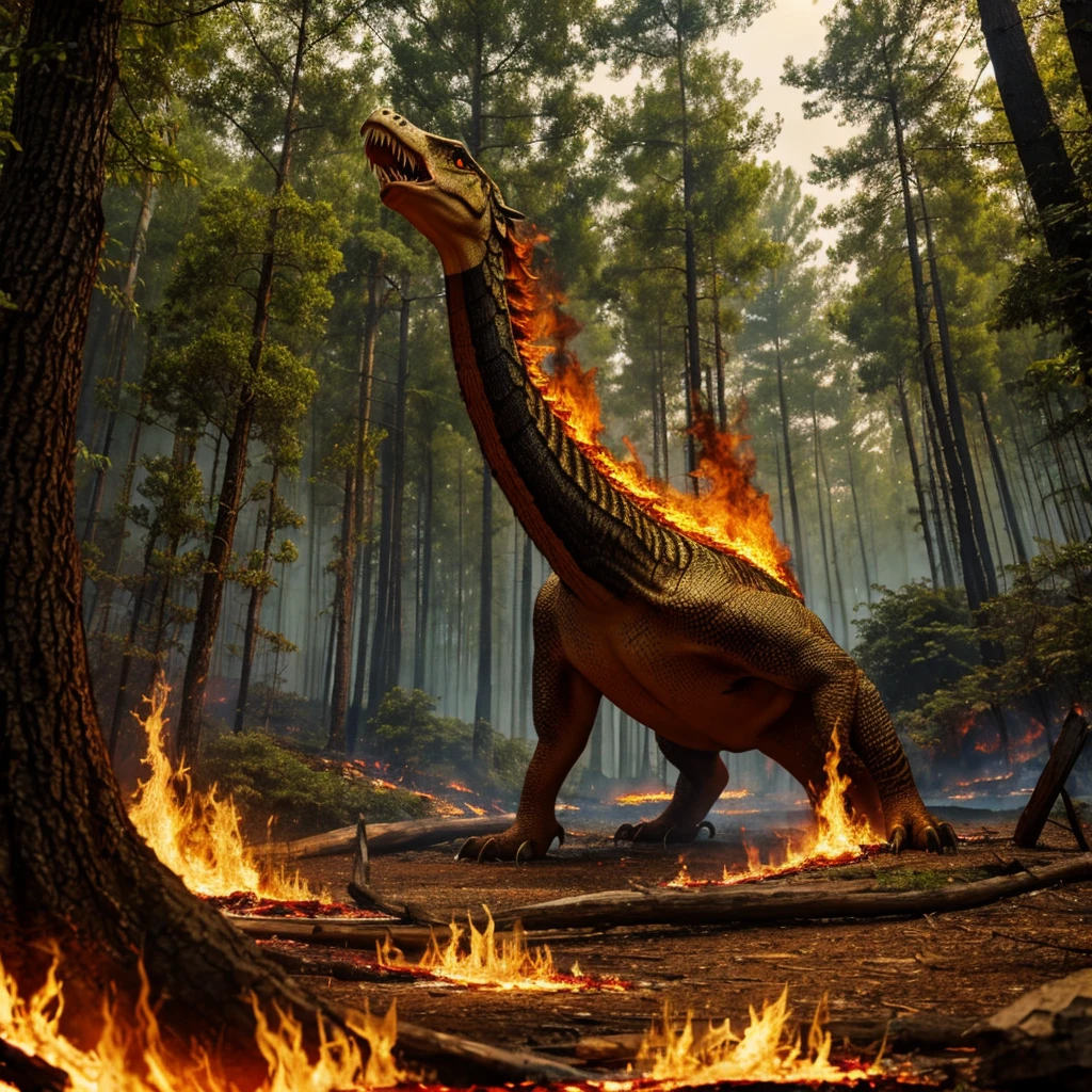 Create an image of a dinosaur with a volcanic background. The dinosaur should have a phrase, extinct in stone and is slowly breaking apart due to the volcanic eruption