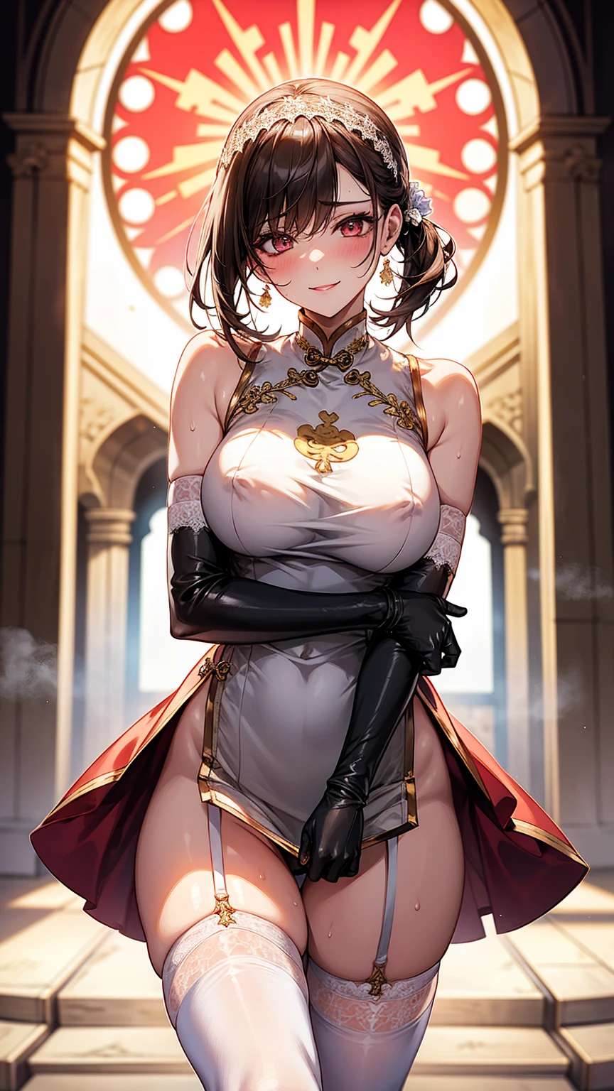 Camel Toe:1.4、(Sweat)、(vapor)、(((Long gloves:1.3)))、、Knee-high socks、Open your thighs wide to the left and right、crouch on the ground、Show the audience your crotch, (、, Spread your legs:1.3, ))、1、Absurd、、golden headband、Flat lighting、elevation、sexy pose、Highest quality、Complex、Surreal、perspective, Very detailed, Detailed Background, shape、1 Girl、alone、Big Breasts、A light smile, Embarrassing, blush, (()), Long gloves、- Elbow hand pockets、Nipples、sexy、Sensual, Huge breasts, White Chinese Dress, (Cheongsam with slit:1.3),), Bridal Legwear, (Asymmetrical legwear:1.1), Lace trim, (Showgirl skirt, Cross lace skirt, Tight Skirt, See-through skirt:0.5), , Single Bridal Gauntlet, (Bridal Garter:1.1), A beautiful woman with supple curves, Bare shoulders, Cowboy Shot, church, Bushes, wood, maniac, dynamicライト, dynamicシャドウ, the wind is strong, Stomach,Knee-high socks、Long gloves,Knee-high socks、Long gloves、Enchanting、Inviting、sexy、dynamic、Crouching。With legs spread。Sitting