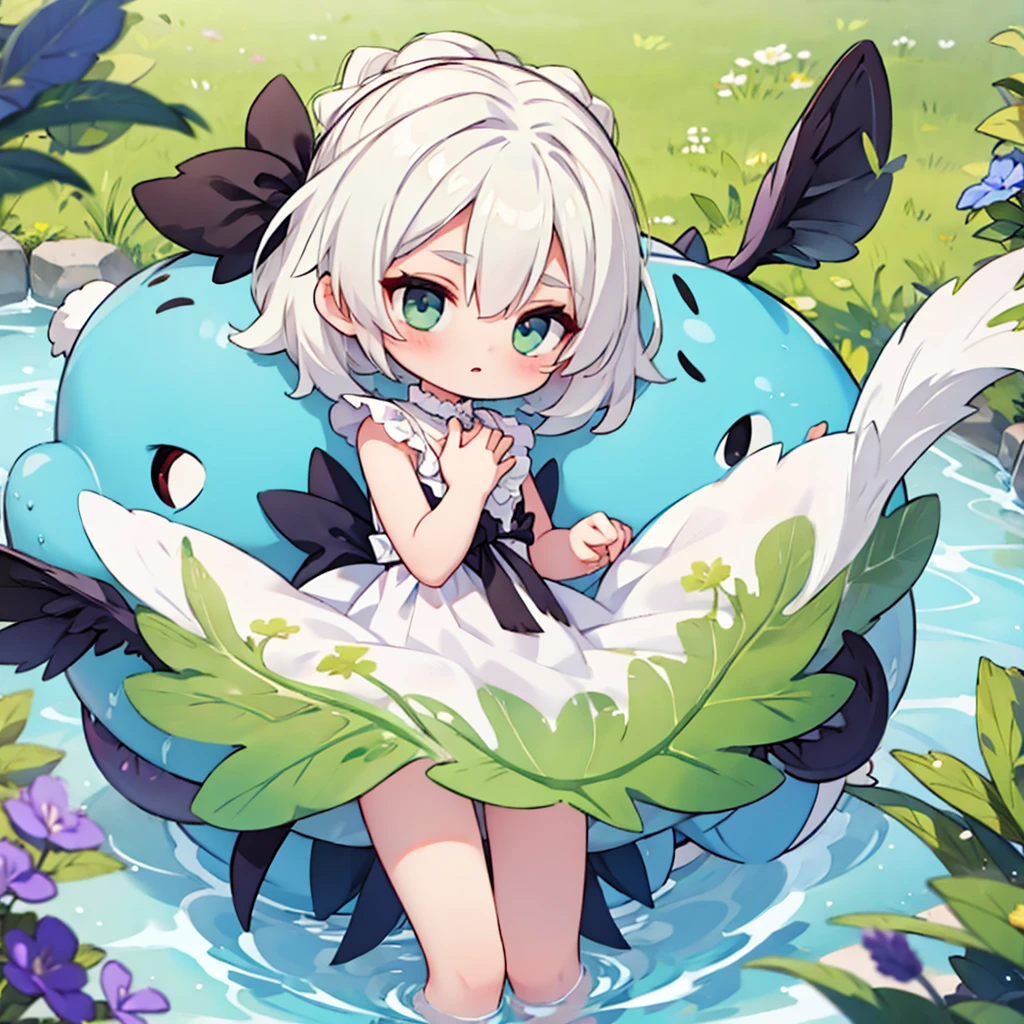 chibi girl with white hair.
 in a green little dress