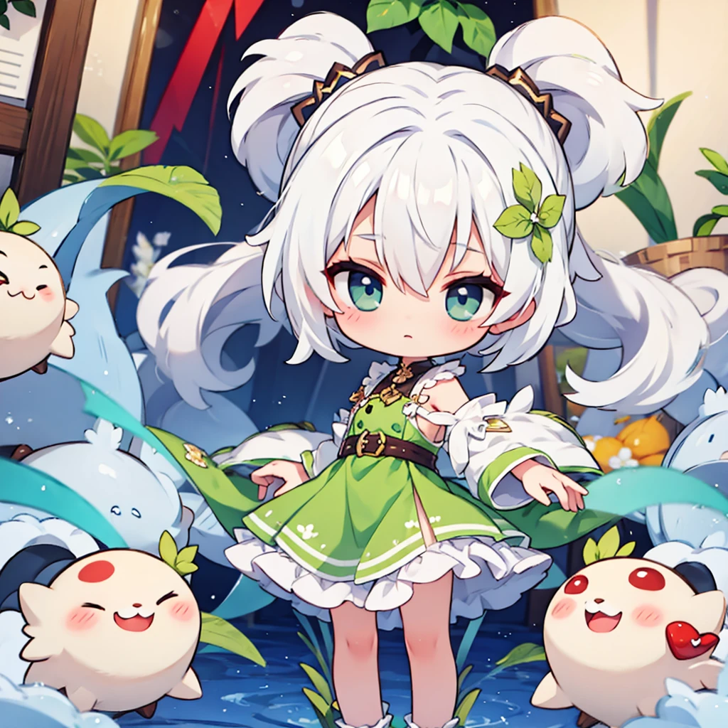 chibi girl with white hair.
in a green little dress
