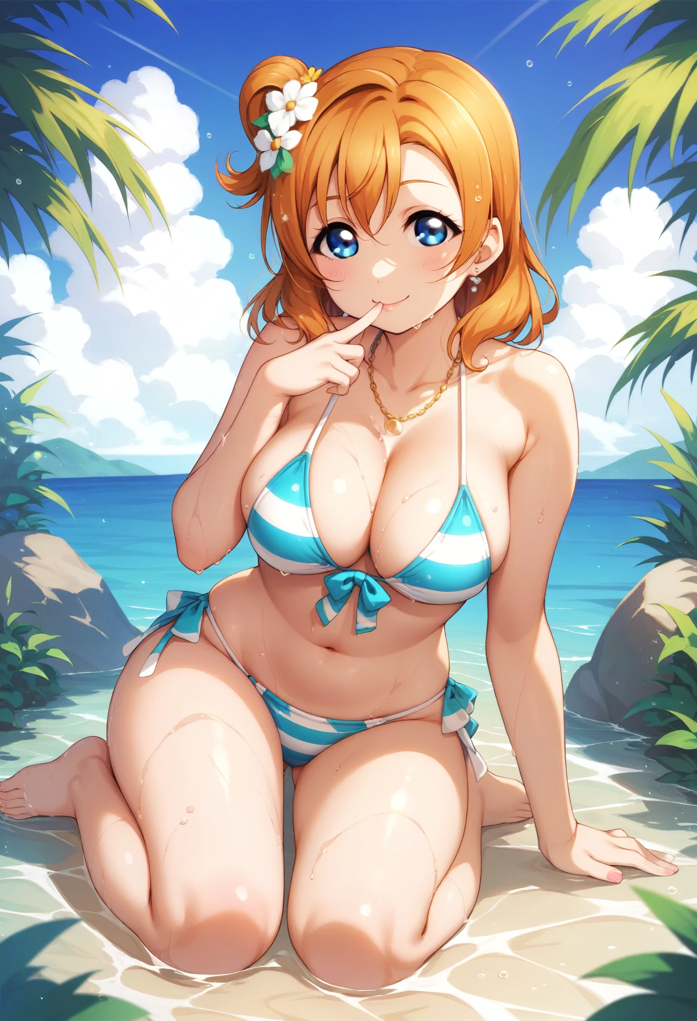 Honoka kousaka love live, blue eyes, orange hair,hair flower, solo, (white multilayer bikini:1.2),wet, on ground,wariza, finger to mouth, big breasts ,cute expression,full body