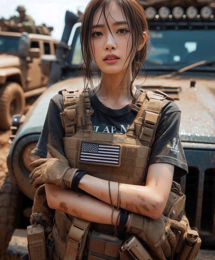 (best quality,8K,realistic photo:1.2),ultra-detailed,realistic skin texture,Japanese woman serving in the Taiwanese military police ,t-shirt,rugged terrain,jeep stuck in mud,muddy,bulletproof vest,blurred background ,injection