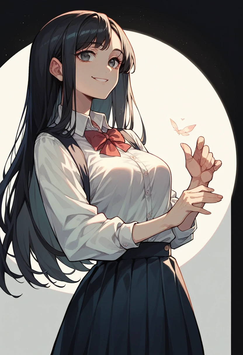 beautiful girl, solo, full-bodied, standing, long black hair, medium breasts, JK, high school outfit , soft smile, perfect hands with 5 fingers, black background, no background