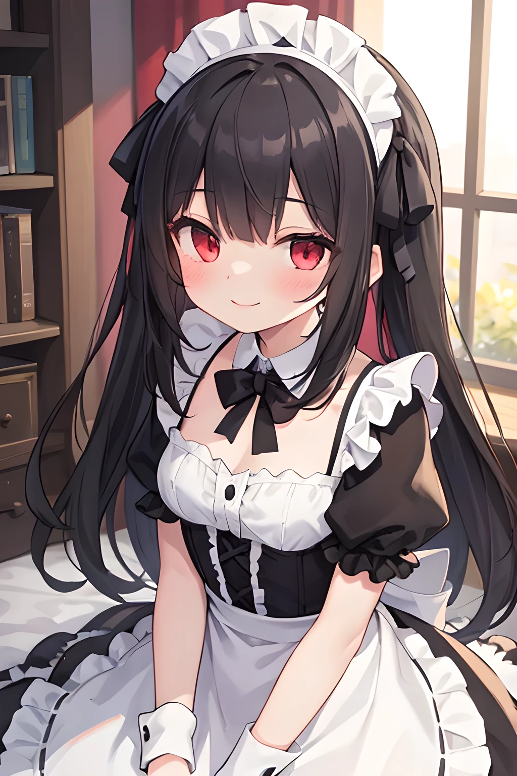 (masterpiece), Best quality, Gothic, 1 girl, One, , blush, smile, Red eyes, long hair, black hair, sidelocks, hair ribbon, hair band, maid headdress, dress, frill, frilled dress, lace trim, puffy sleeves