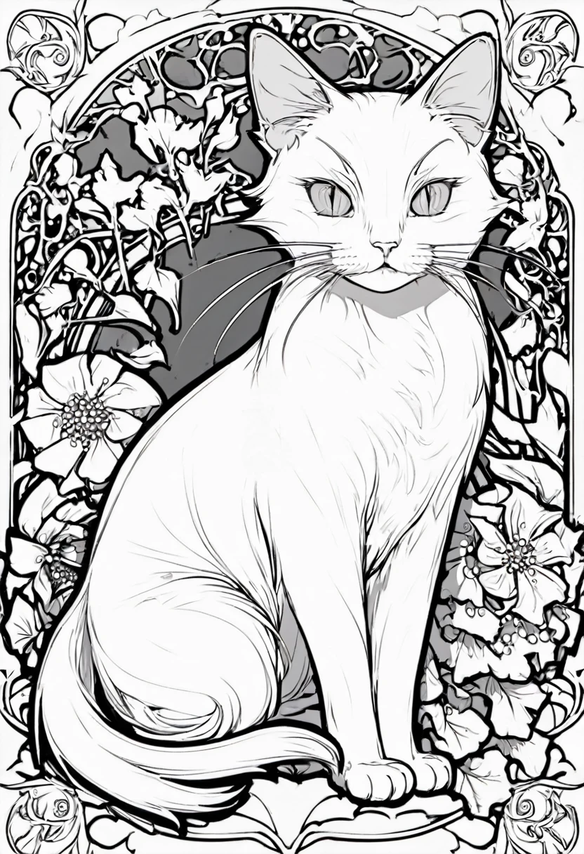white and black cat with a white background, ploynesian, garden, art for coloring book page, full white background, only use outline, line art, clean line art, mandala for coloring with nature ornaments, simple and clean line art, adorned in Art Nouveau style, with a stroke of Alfons Mucha's brush, perfect details, real