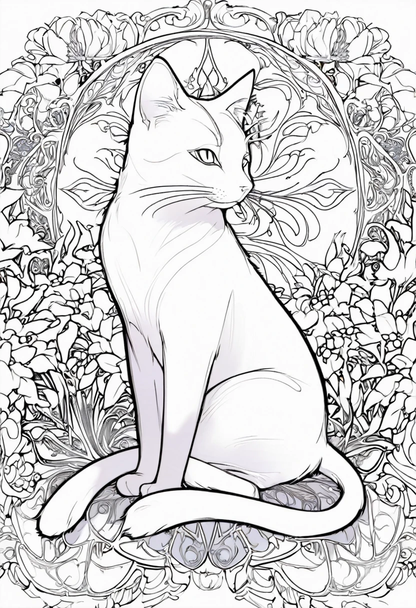 white and black cat with a white background, ploynesian, garden, art for coloring book page, full white background, only use outline, line art, clean line art, mandala for coloring with nature ornaments, simple and clean line art, adorned in Art Nouveau style, with a stroke of Alfons Mucha's brush, perfect details, real