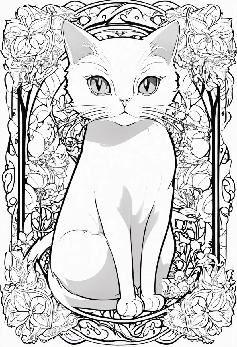 white and black cat with a white background, ploynesian, garden, art for coloring book page, full white background, only use outline, line art, clean line art, mandala for coloring with nature ornaments, simple and clean line art, adorned in Art Nouveau style, with a stroke of Alfons Mucha's brush, perfect details, real