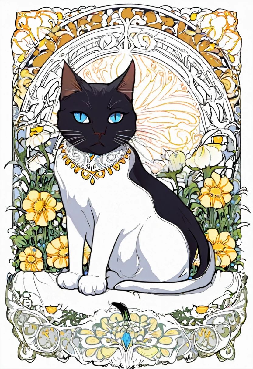 white and black cat with a white background, ploynesian, garden, art for coloring book page, full white background, only use outline, line art, clean line art, mandala for coloring with nature ornaments, simple and clean line art, adorned in Art Nouveau style, with a stroke of Alfons Mucha's brush, perfect details, real