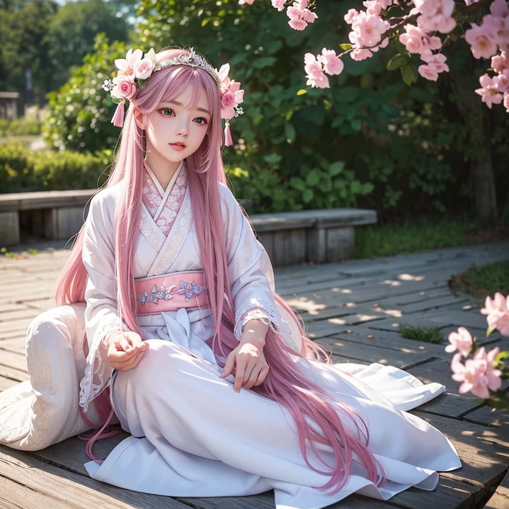 best quality, masterpiece,pink loose long hair, blue eyes,white-hanfu clothes,white transparent lace cloth-mask for accessories hanfu,small tiara with accessories and flowers,looking up, upper body,hair strand,Fair skin,a mole under left eye,pink lips,a girl around 

