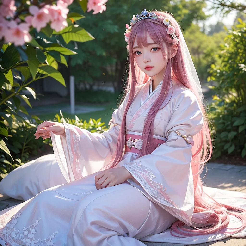 best quality, masterpiece,pink loose long hair, blue eyes,white-hanfu clothes,white transparent lace cloth-mask for accessories hanfu,small tiara with accessories and flowers,looking up, upper body,hair strand,Fair skin,a mole under left eye,pink lips,a girl around 

