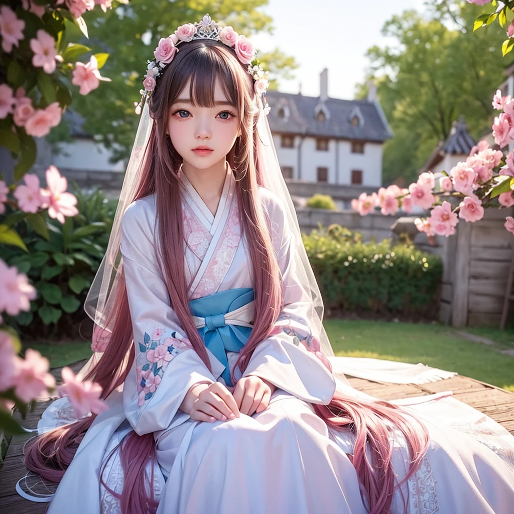 best quality, masterpiece,pink loose long hair, blue eyes,white-hanfu clothes,white transparent lace cloth-mask for accessories hanfu,small tiara with accessories and flowers,looking up, upper body,hair strand,Fair skin,a mole under left eye,pink lips,a girl around 12 years old