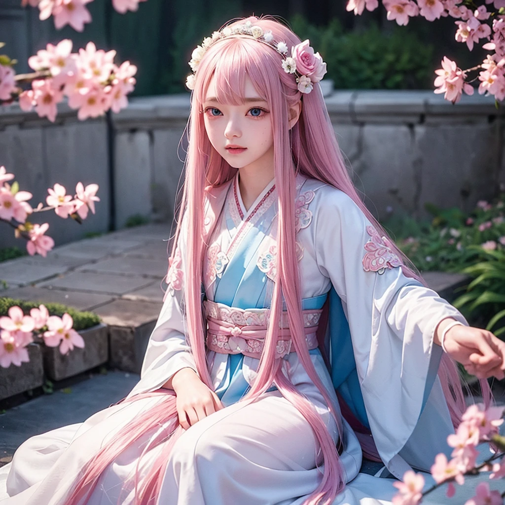 best quality, masterpiece,pink loose long hair, blue eyes,white-hanfu clothes,white transparent lace cloth-mask for accessories hanfu,small tiara with accessories and flowers,looking up, upper body,hair strand,Fair skin,a mole under left eye,pink lips,a girl around 12 years old