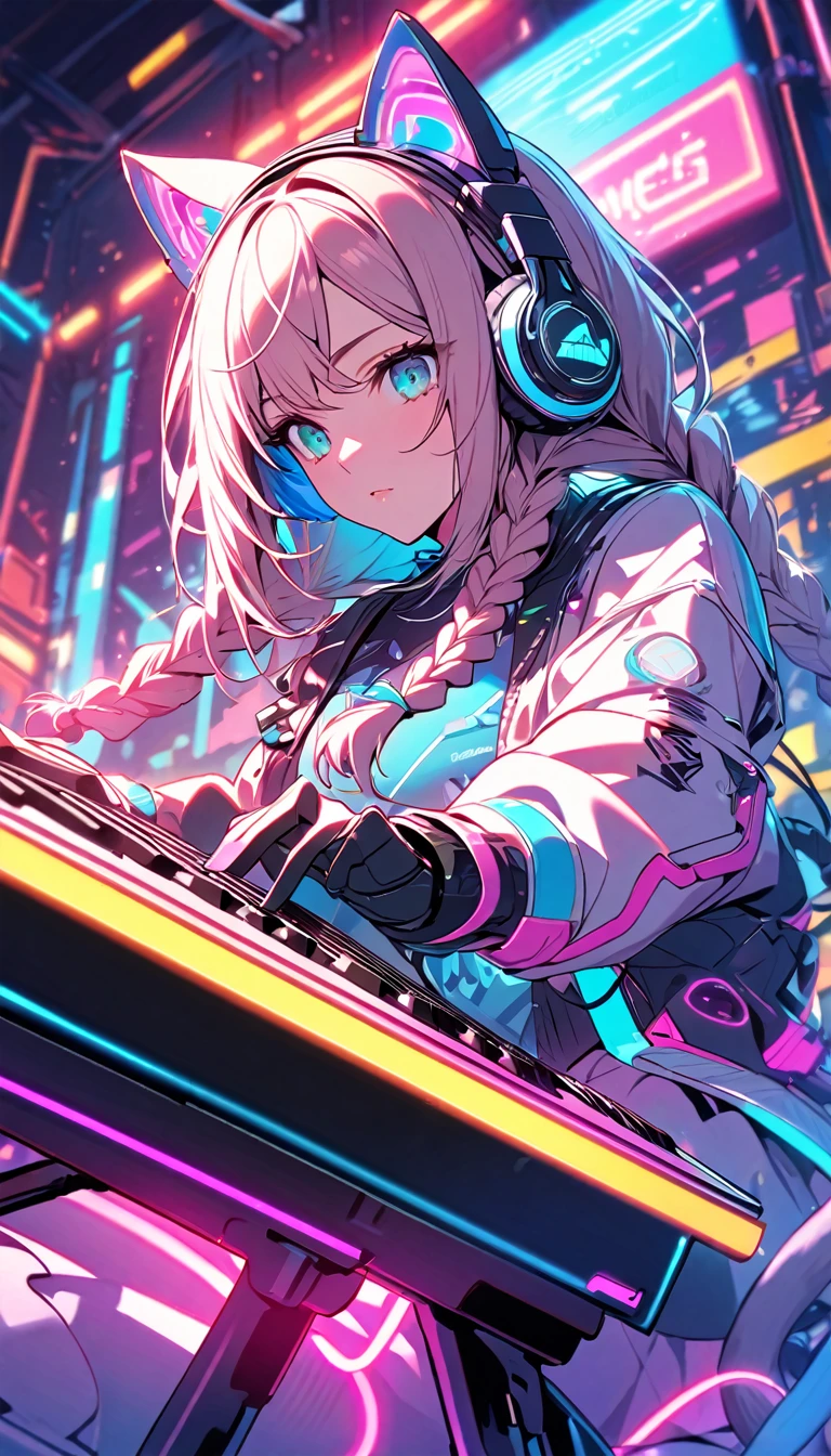 Beautiful 1, single, girl with braids, hair with glowing wires Wears a half hat, headphones, cat ears, mixed with sci-fi and neon tones. In the background is a robot with neon lights. The background image is a large robot, clearly visible. ,on stage, playing keyboard