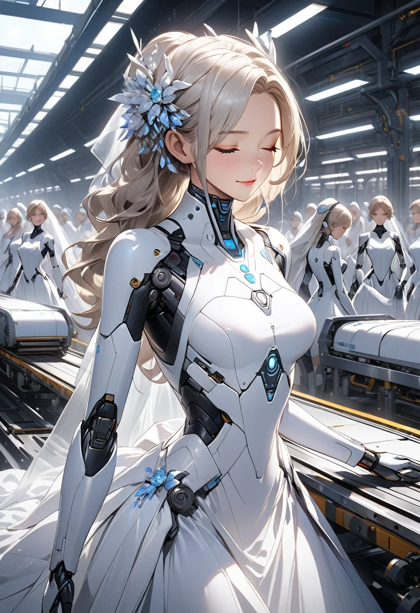 a detailed futuristic android woman in a white wedding dress on a conveyor belt production line, beautiful detailed face, eyes closed, many similar android women on the conveyor belt, cold white interior factory, laboratory-like structure, cinematic lighting, professional photography, ultra-detailed, masterpiece, best quality, 4k, 8k, ultra-detailed, 3dcg concept art, digital painting