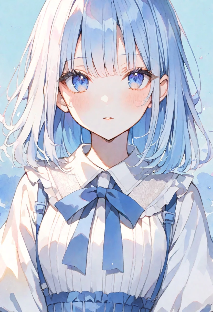 solo, Watercolor,
1. Female,
hime cut,Straight Hair,Bob Hair, WhiteアッシュlightBlue hair, ゆるふわパーマ,
Blue Eyes,Soft look,,18 years old,
セーラー服,Thin knit,stylish,tits,
,照れ顔,キラキラした目,
blue background,