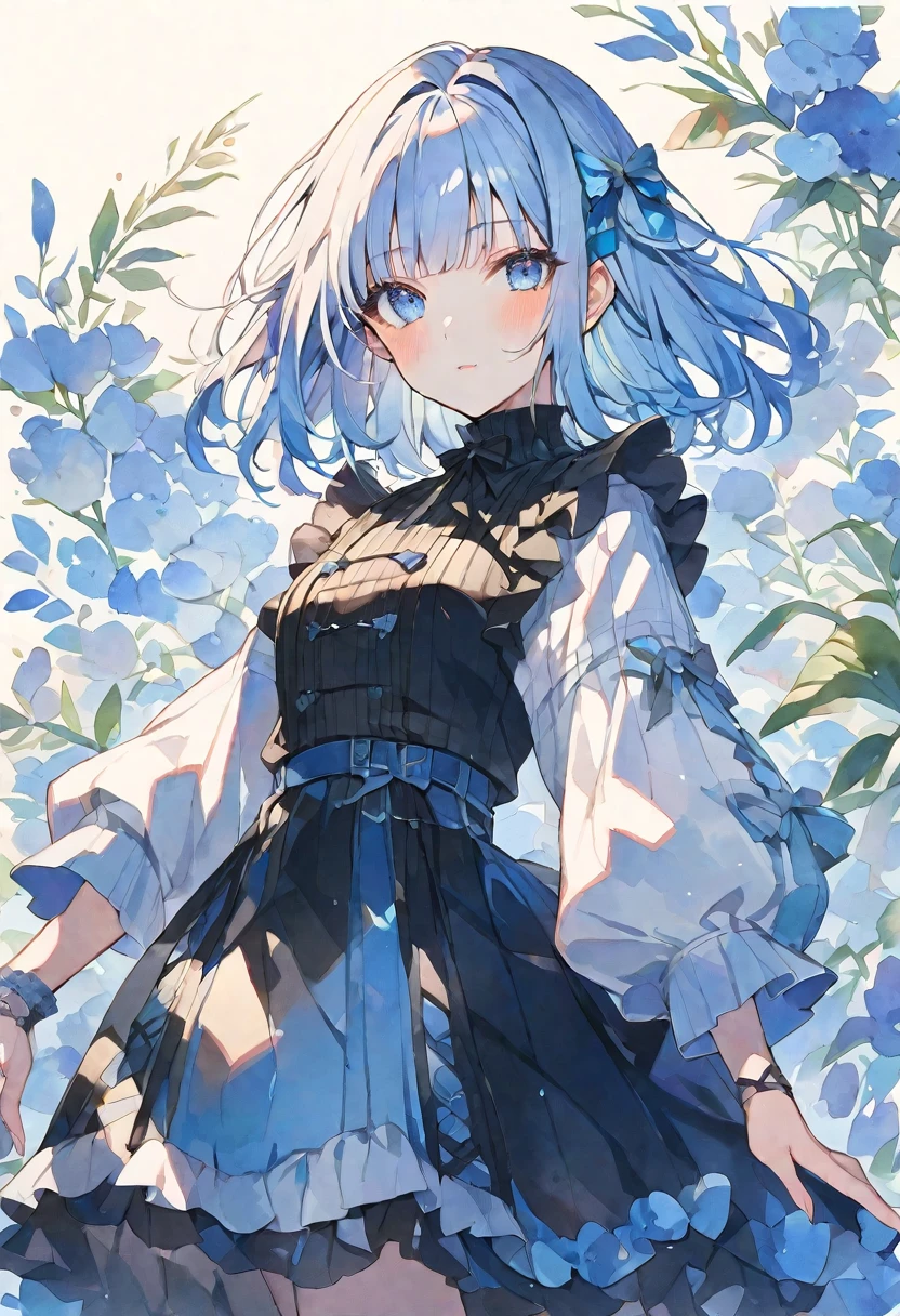 solo, Watercolor,
1. Female,
hime cut,Straight Hair,Bob Hair, WhiteアッシュlightBlue hair, ゆるふわパーマ,
Blue Eyes,Soft look,Lolita,18 years old,
セーラー服,Thin knit,stylish,tits,
skin,照れ顔,キラキラした目,
blue background,